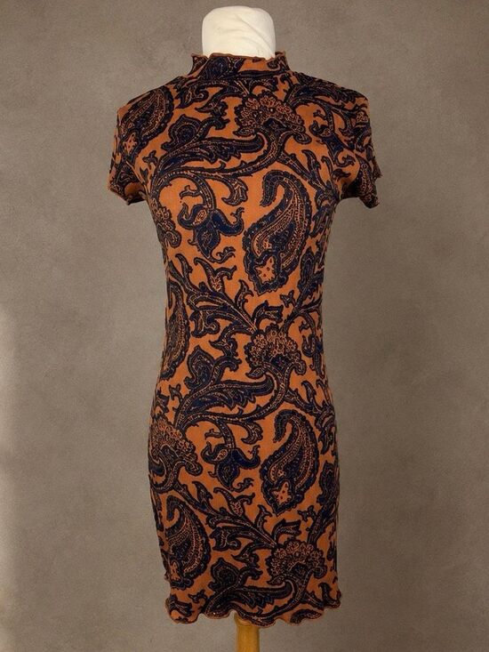 Urban Outfitters Dresses & Skirts - Urban Outfitters Size M Paisley Mock Neck Mini Dress Brown Blue Ribbed Stretch